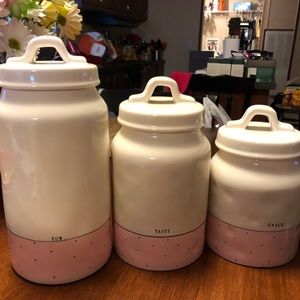 Rae Dunn Canister set Pink Dot. Snack Taste & Yum